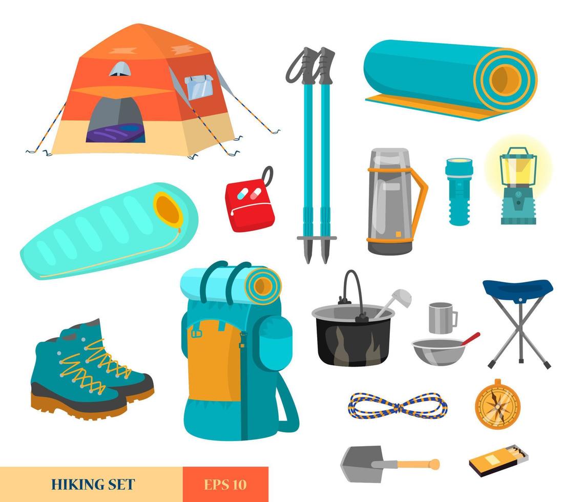 Vector set of hiking equipment in flat catroon style. Camping elements. Tent,  backpack, rope, boots, sleeping bag,  chair, hiking sticks etc.