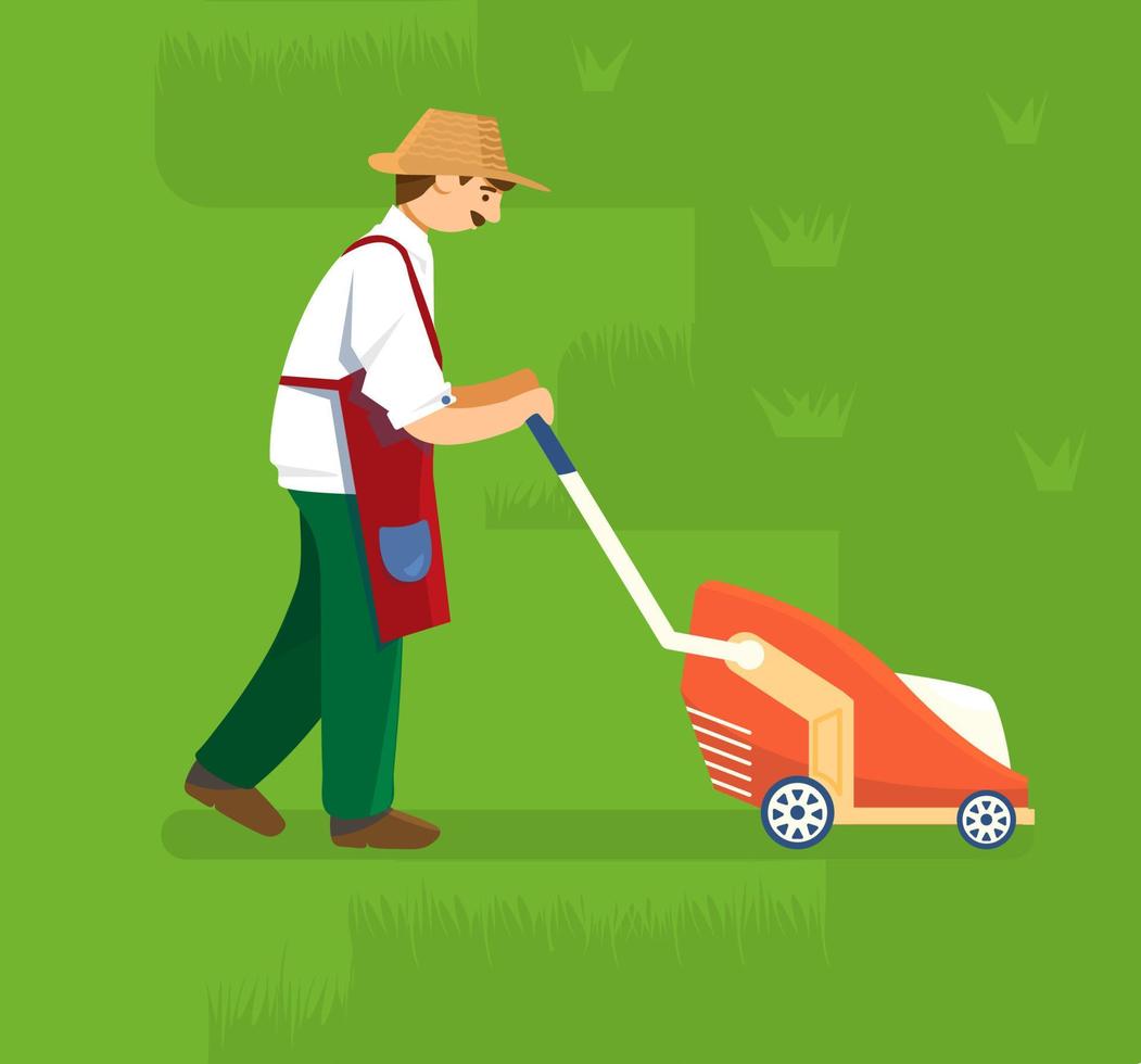 Vector illustration of gardener mowing lawn.