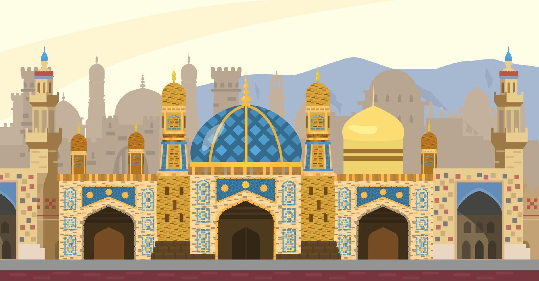 Arab street background vector illustration. Middle Eastern cityscape. Mosque, towers, gates, mosaics. Flat style.