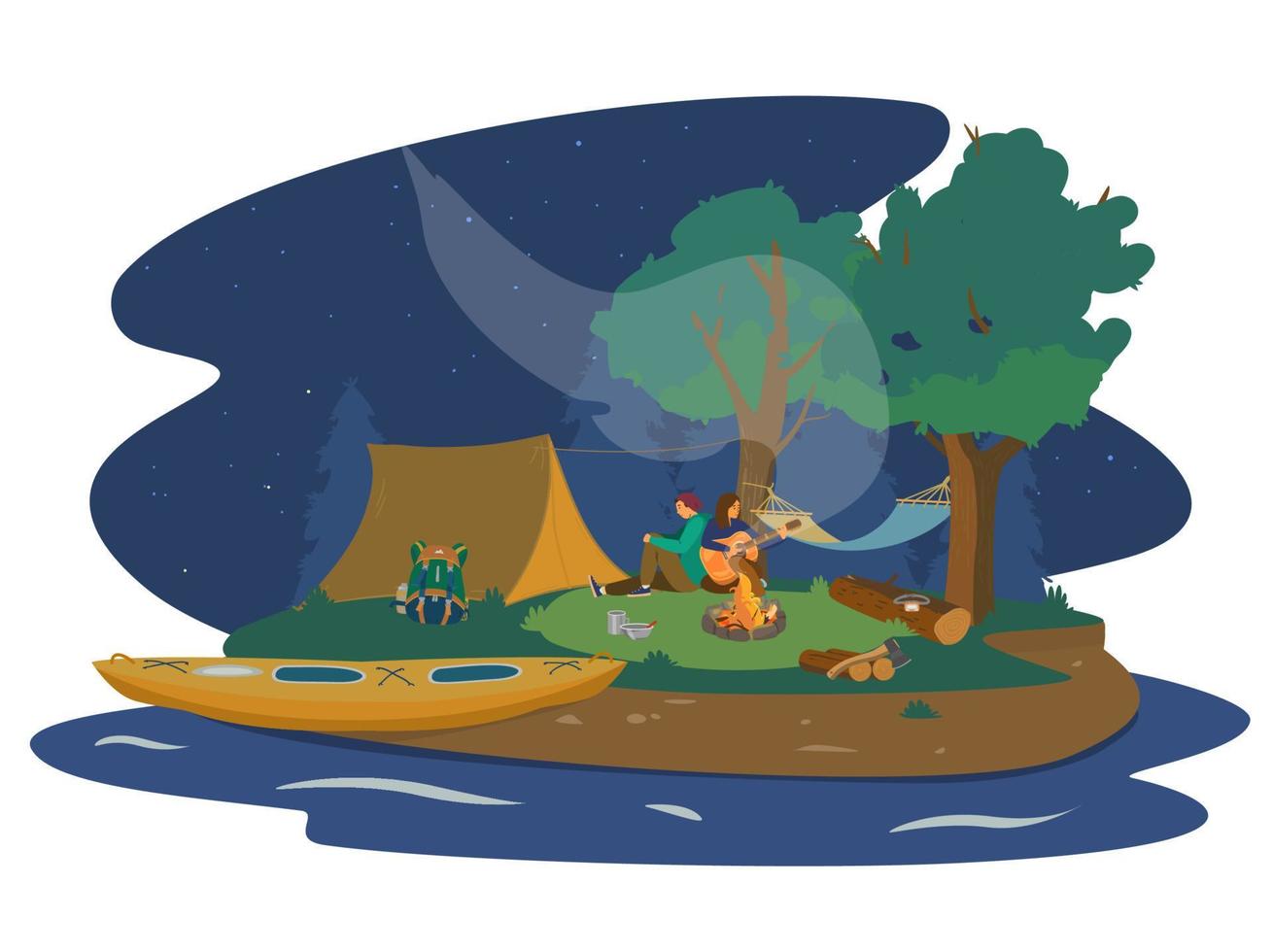 camping nocturno cerca del río con una pareja cerca de una fogata tocando la guitarra. kayak, carpa, mochila, hamaca, fogata, leña, hacha. paisaje nocturno. ilustración vectorial de dibujos animados plana. vector