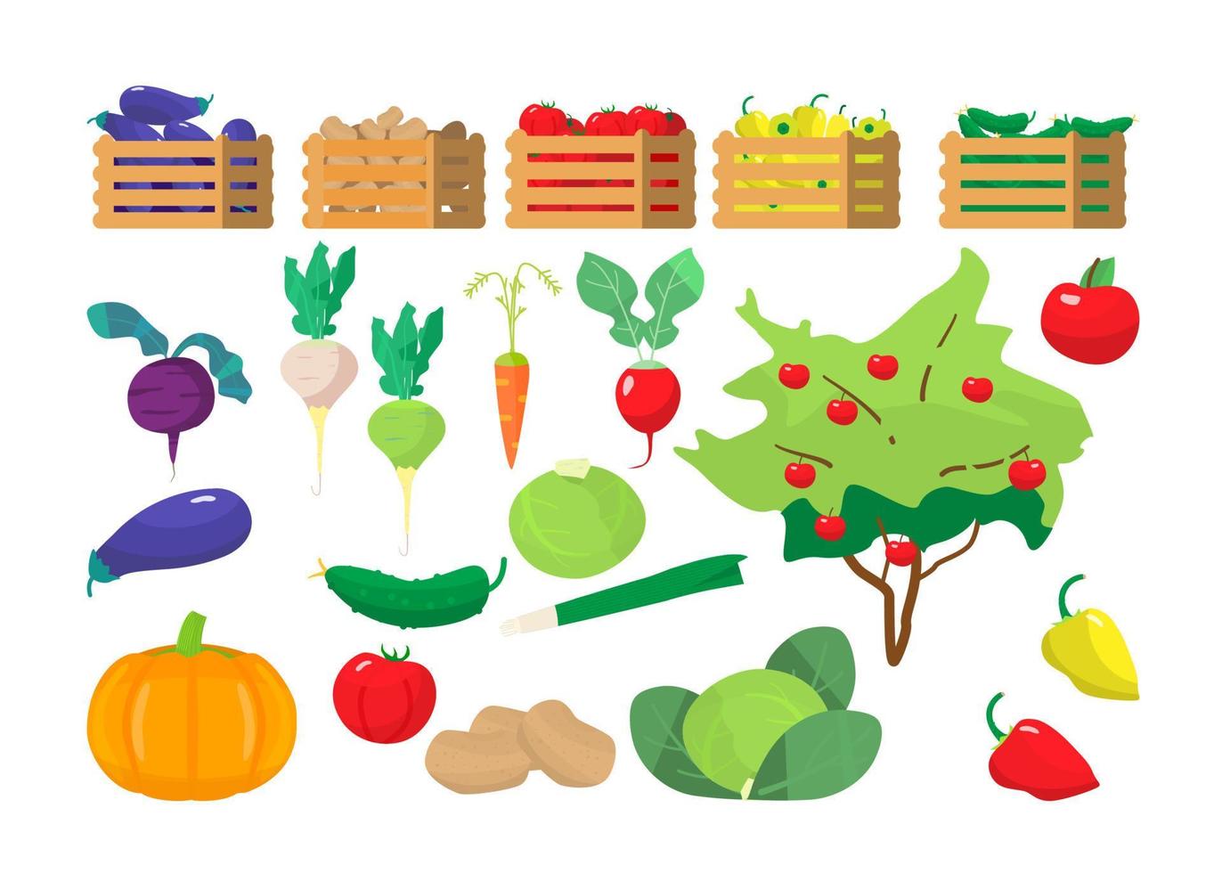Vector set of vegetables and wooden boxes with them. Eggplants, potatoes, tomatoes, peppers, cucumbers. Apple tree.