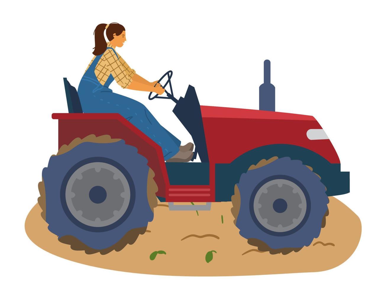 Woman Farmer Riding Tractor Vector Illustration.