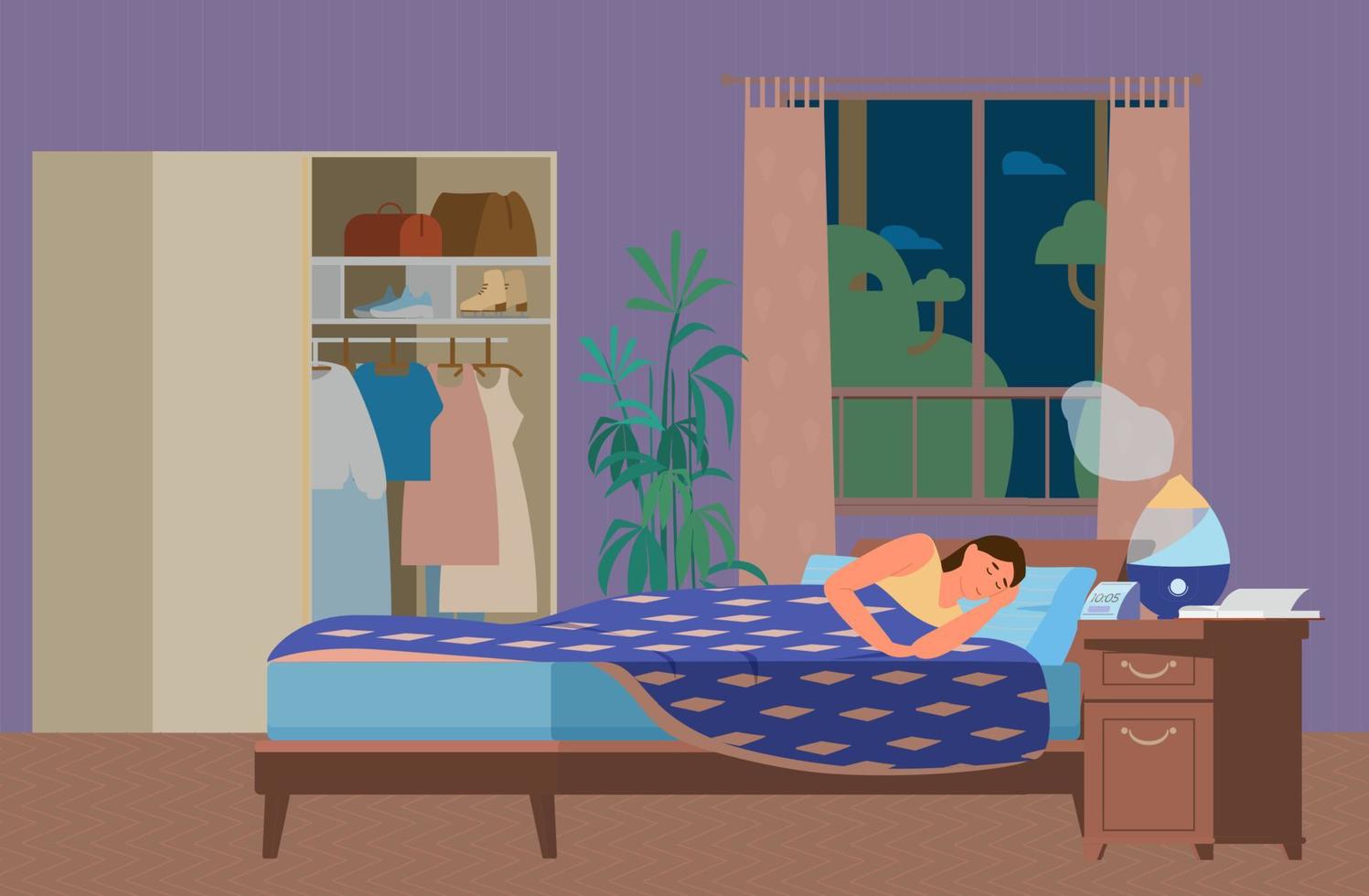 mujer durmiendo en el dormitorio con humidificador funcionando. sueño saludable. ilustración vectorial plana. vector