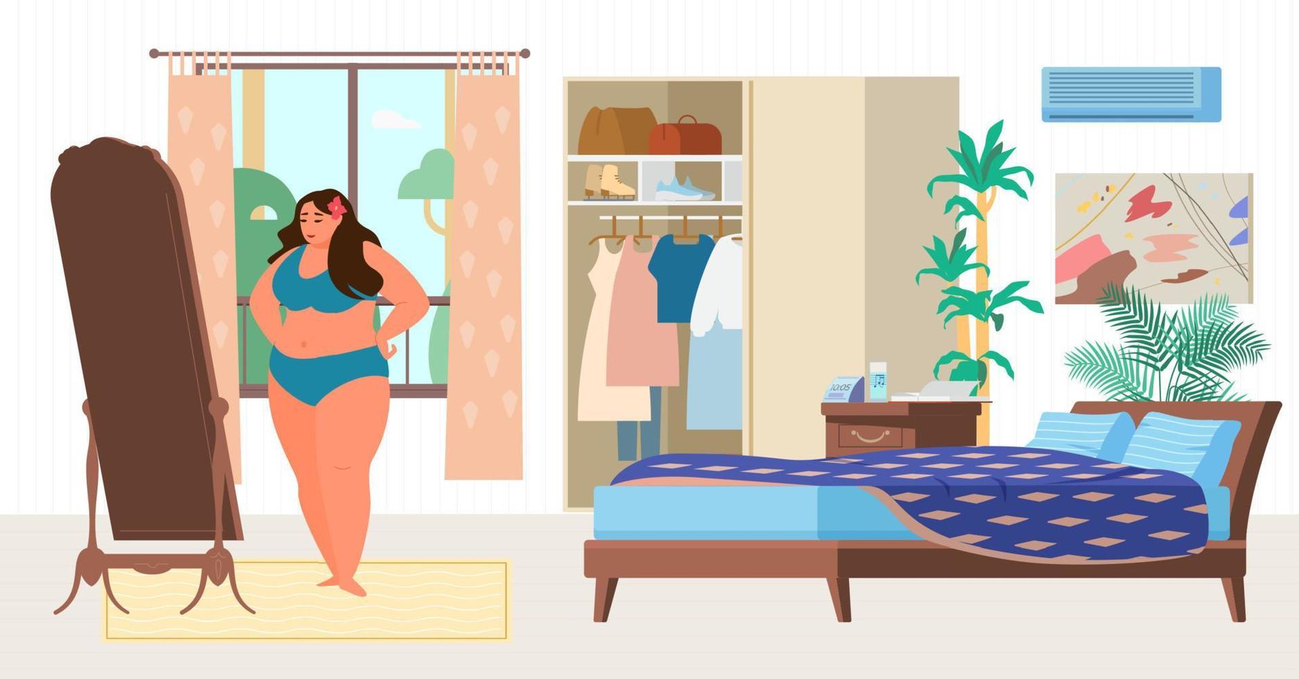 mujer de talla grande probándose un traje de baño en un dormitorio. ilustración vectorial plana. vector