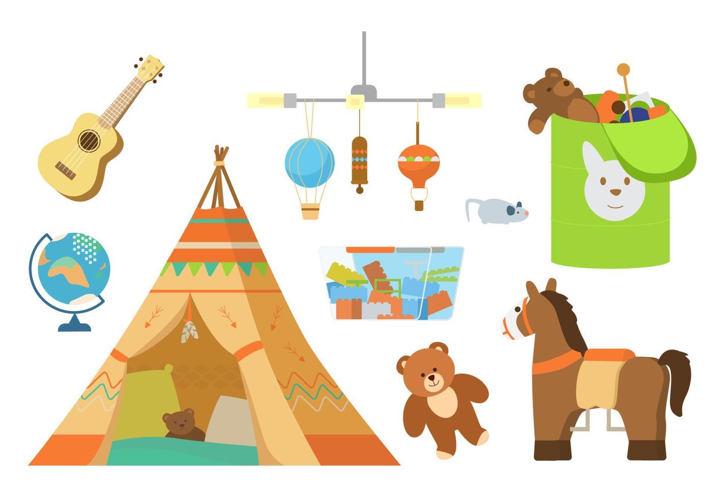 Playing Room Interior Elements And Toys Vector Set. Wigwam, Toy Box, Ukulele, Decorations. Isolated On White.