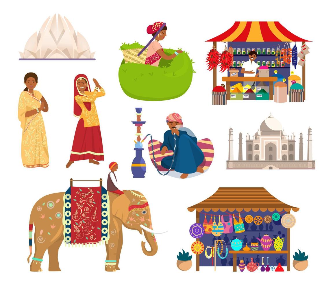 conjunto de vectores indios. elefante indio con jinete, hombre fumando narguile, mujeres indias con vestidos tradicionales, taj mahal, mujer recogiendo hojas de té, tienda de la calle de especias, tienda de souvenirs, templo de loto.