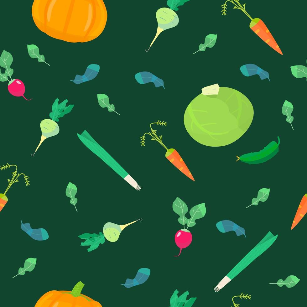 Vector seamless pattern on dark green background. Vegetarian pattern.