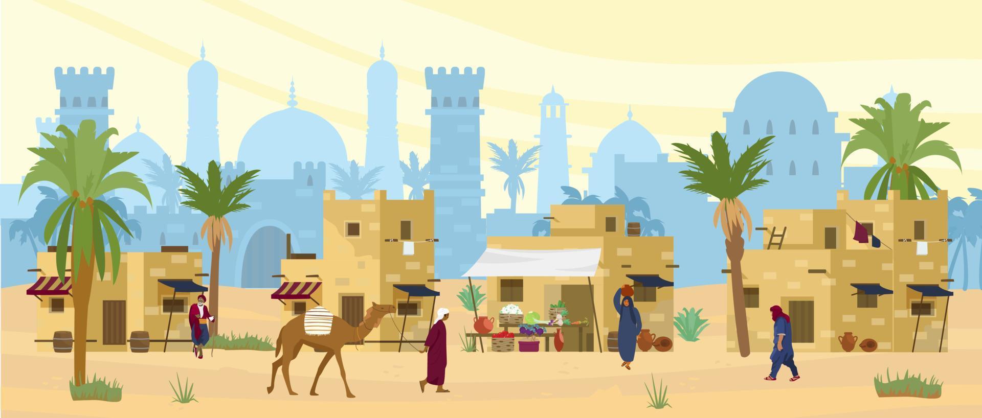 Arabic desert landscape with traditional mud brick houses and people. Ancient temple at the background. Bedouin with camel, woman with jug on head. Flat vector illustration.