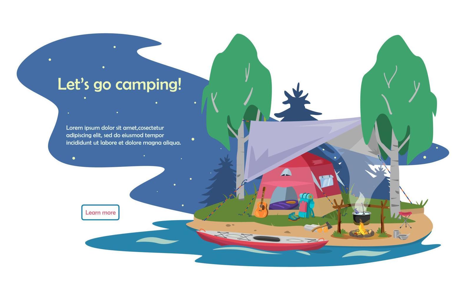 Web banner in flat cartoon style inviting to camping, hiking, kayaking, active recreation, travelling.  Night summer camp with tent under awning, campfire on river coast. vector
