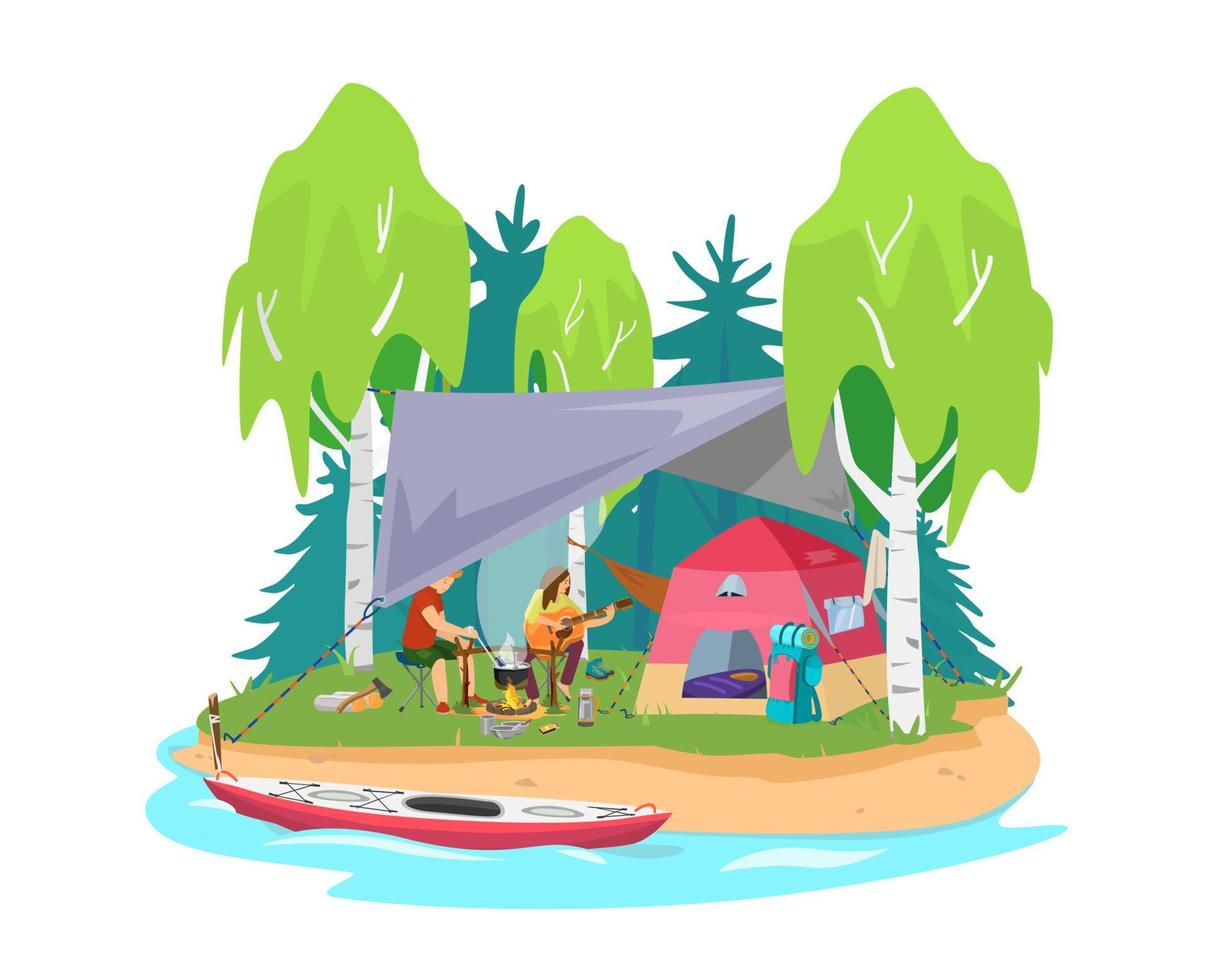 Vector illustration of summer camp with couple near camp fire cooking and playing the guitar. Tent under awning, kayak, backpack, guitar, boots. Forest on the background. Flat cartoon style.