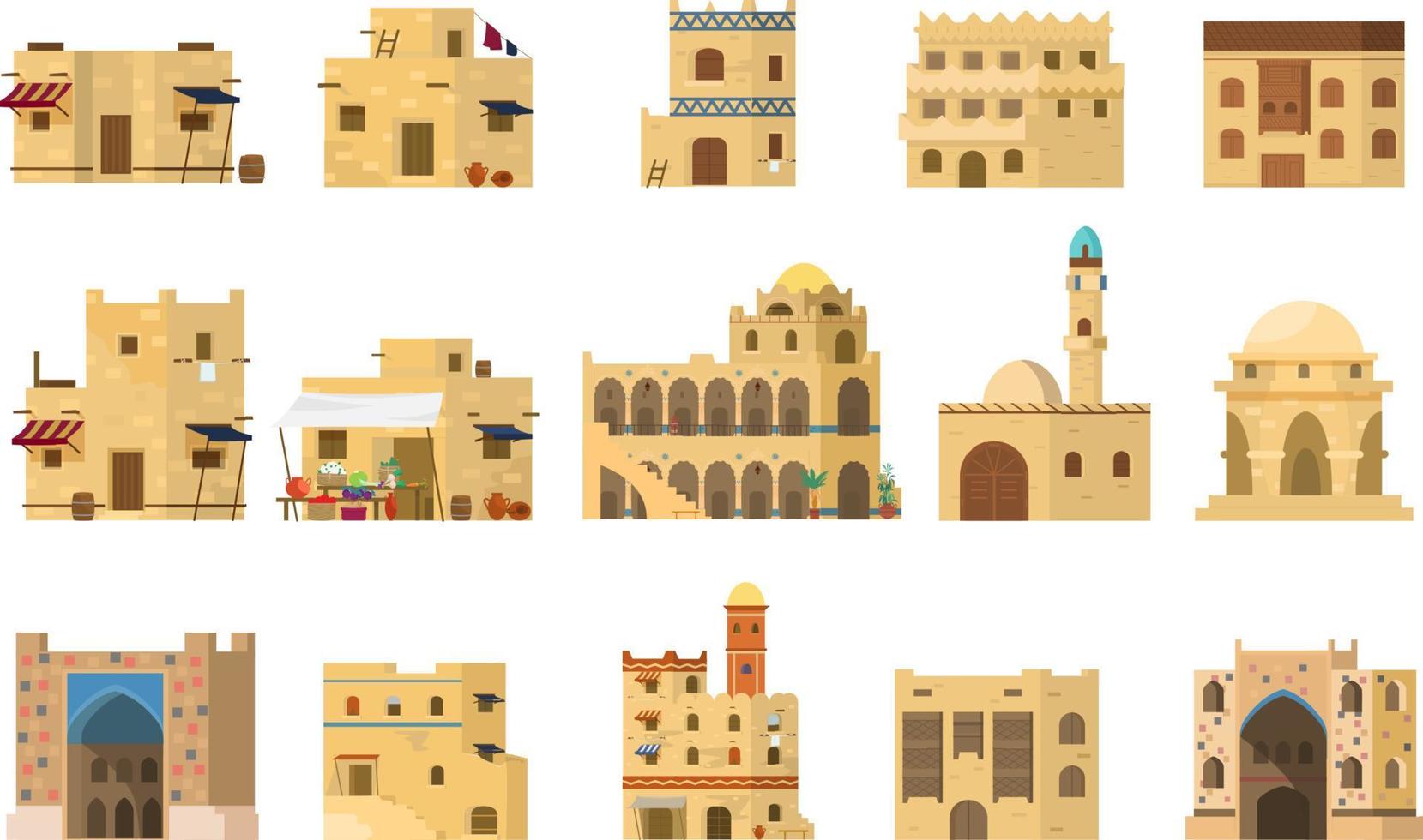 Flat Vector Set Of Authentic Traditional Arabian Mud Brick Houses. Islamic Architecture. Isolated On White.