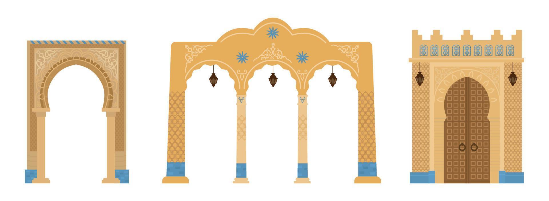 Set of Indian archs with mosaics, lanterns. Middle east architecture elements. Ancient gates. Flat vector illustration.