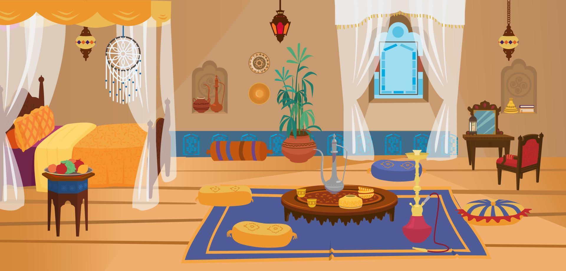 Traditional middle Eastern bedroom with furniture and decoration elements. Moroccan or Indian interior. Cartoon vector. vector