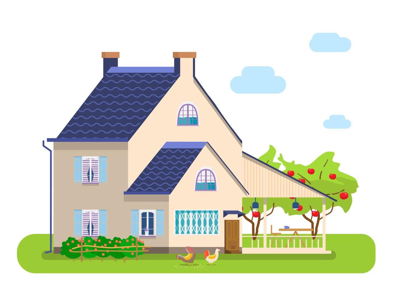 Vector illustration of countryside scene. Country house with terrace, chikens pecking grain, apple orchard, rose bush. Provence house.