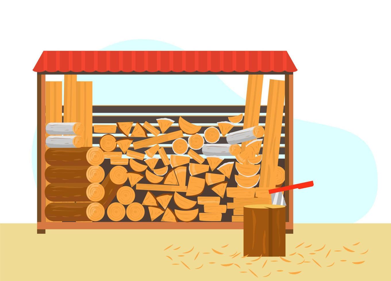 Vector illustration of woodpile with different types of firewood and planks. Stump with axe with sawdusts.