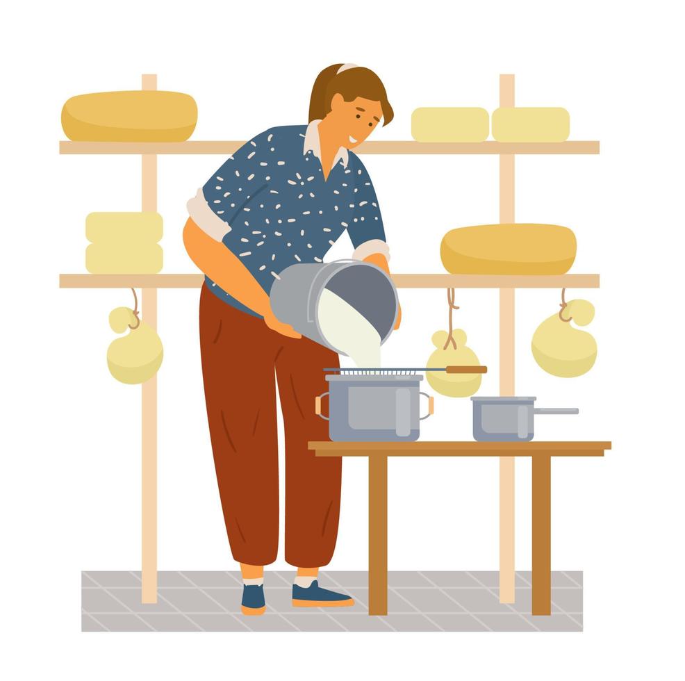 Woman Farmer Making Cheese. Flat Vector Illustration.