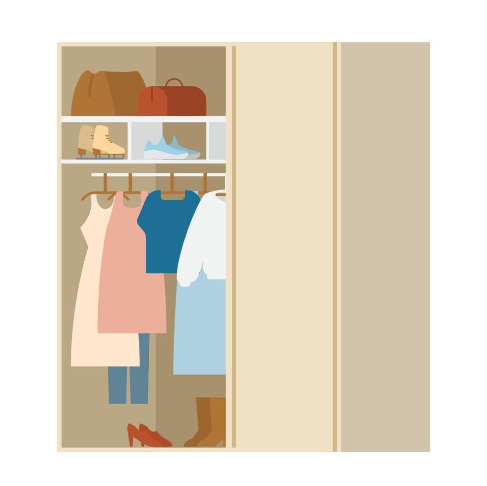 Wardrobe With Clothes And Shoes Flat Vector Illustration. Isolated On White.