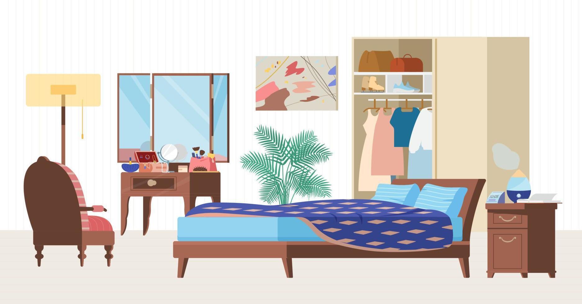 Ilustración de vector plano interior de dormitorio acogedor. muebles de madera, cama, sillón, tocador, armario con ropa, mesita de noche con humidificador, reloj, planta.