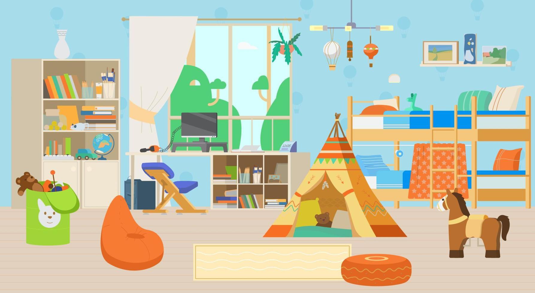 acogedora habitación infantil interior ilustración vectorial plana. muebles de madera, litera, estantería, lugar de trabajo con ordenador y silla ergonómica de rodillas, tienda india, ponycycle, juguetes y adornos. vector