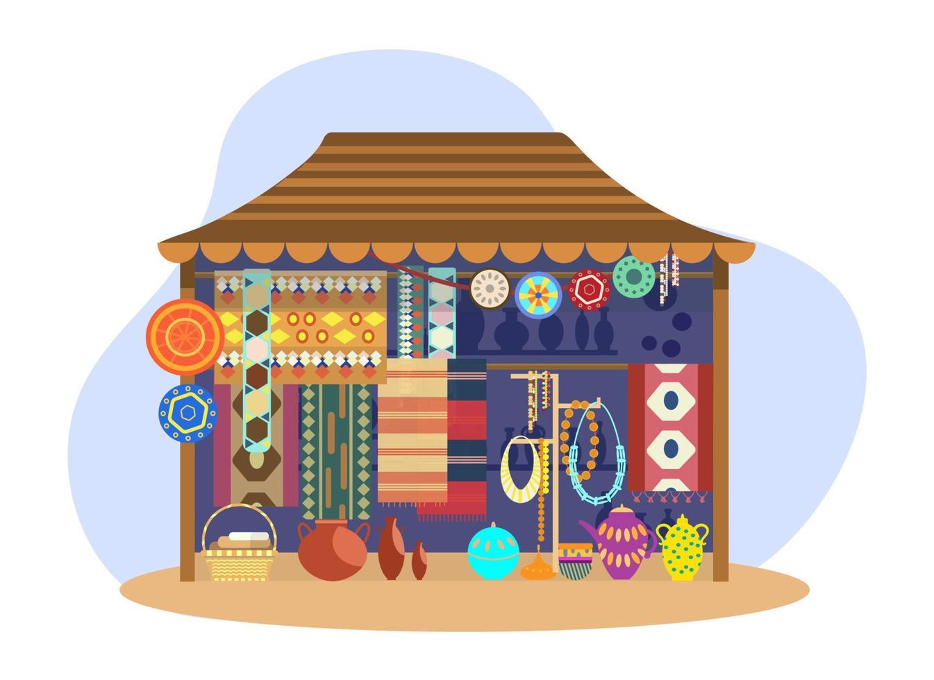 Ethnic souvenir street shop. Street store with carpets, mats, ceramics, pottery and jewelry.Flat vector illustration.