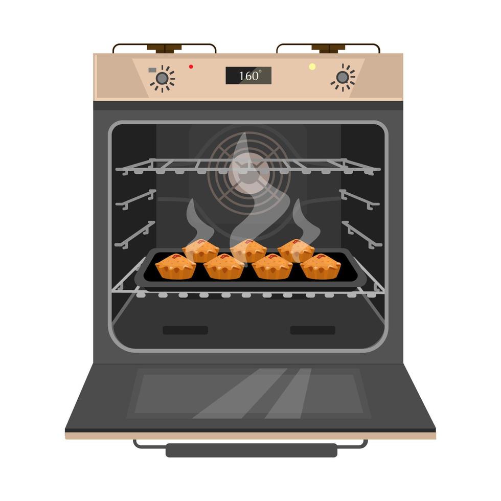 Opened oven with freshly baked cakes on the pan. Home bakery. Isolated on white. Cartoon vector illustration.