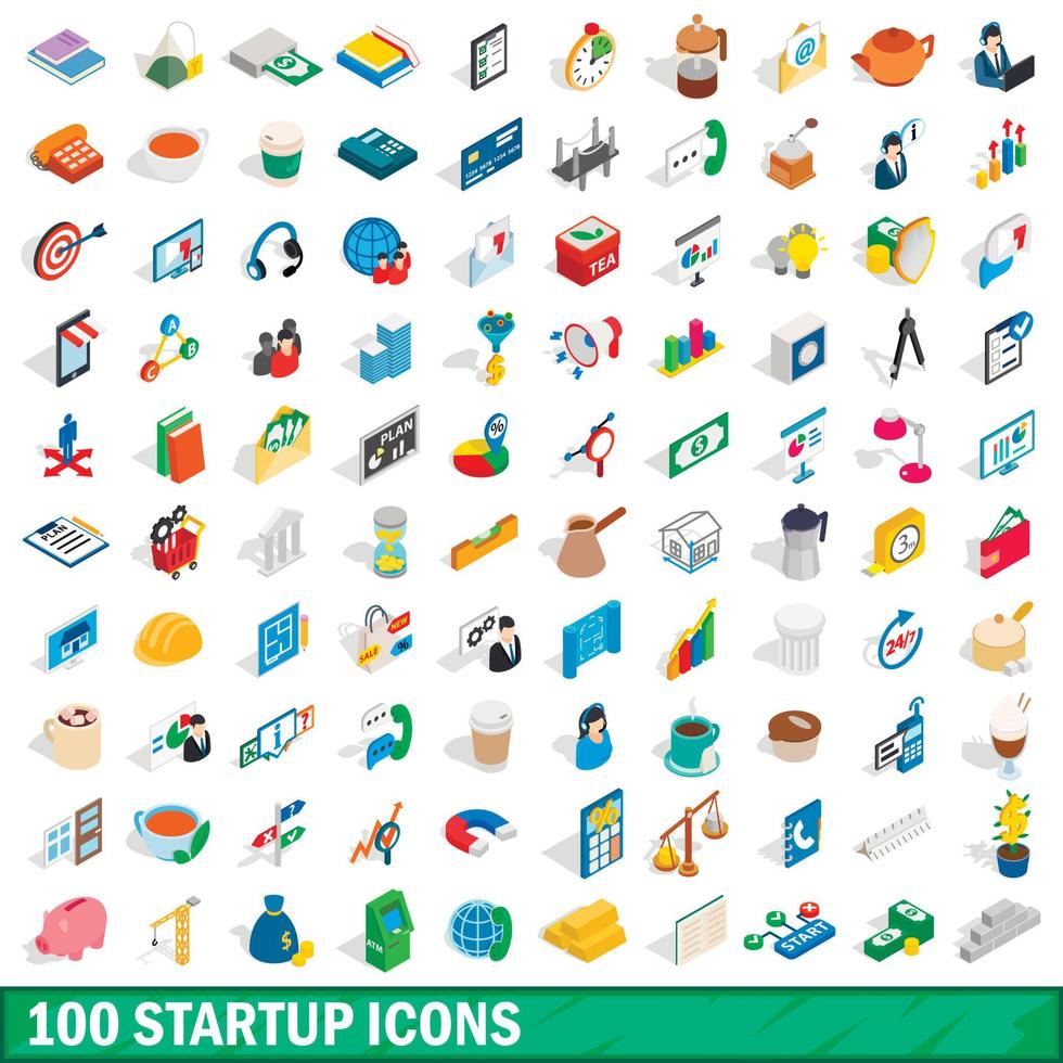 100 startup icons set, isometric 3d style vector