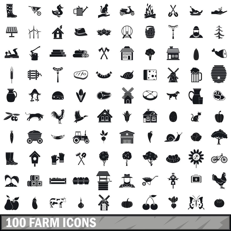 100 farm icons set in simple style vector