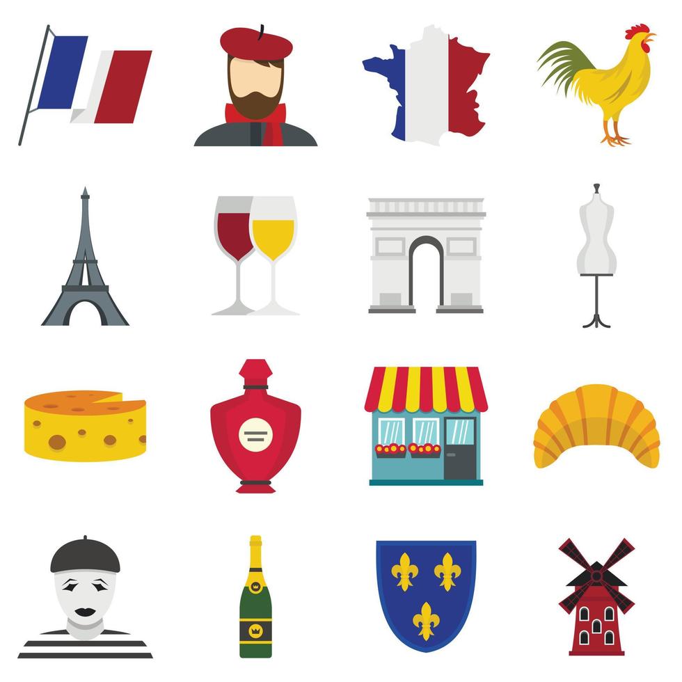 francia, viaje, conjunto, plano, iconos vector