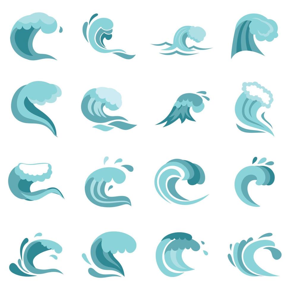 las olas del mar establecen iconos planos vector