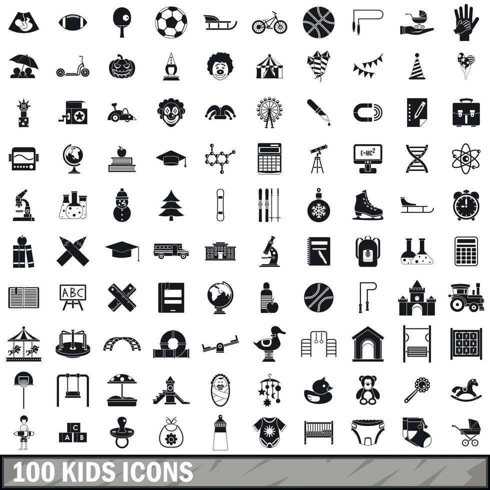 100 kids icons set in simple style vector