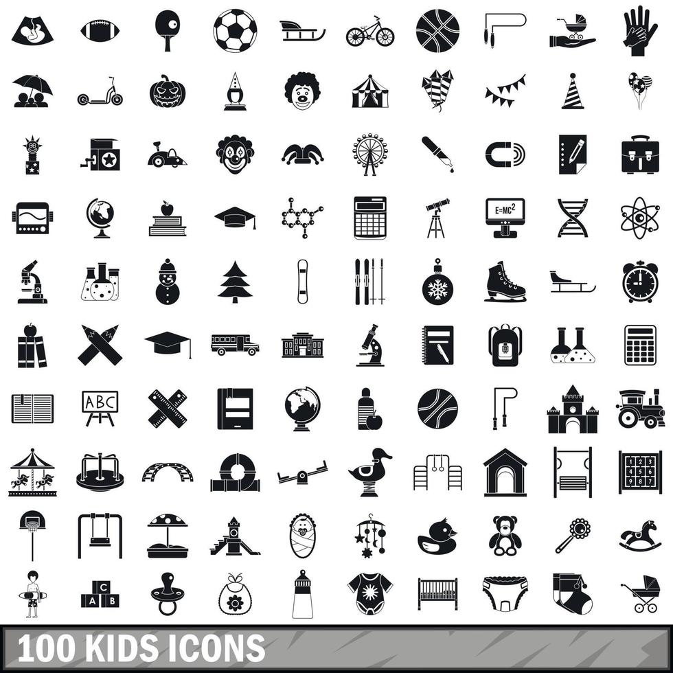 100 iconos de niños establecidos en estilo simple vector