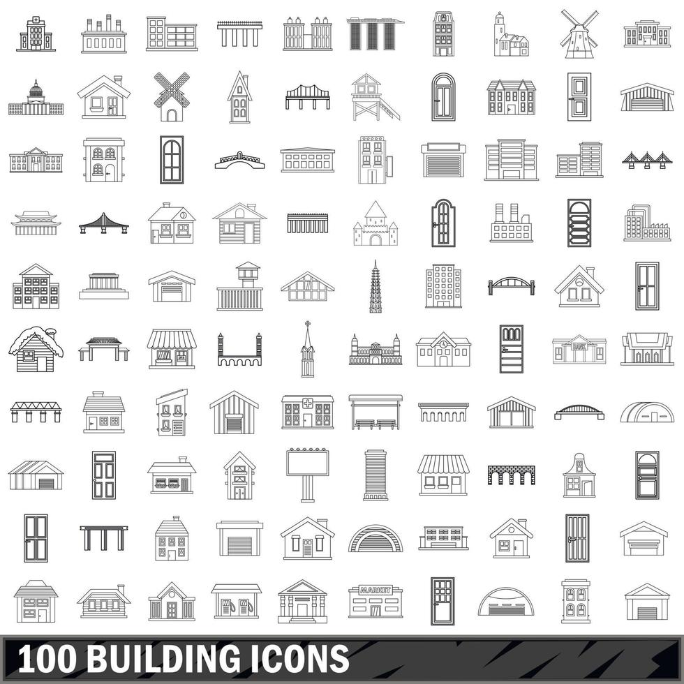 100 building icons set, outline style vector