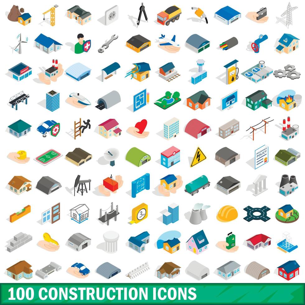 100 construction icons set, isometric 3d style vector