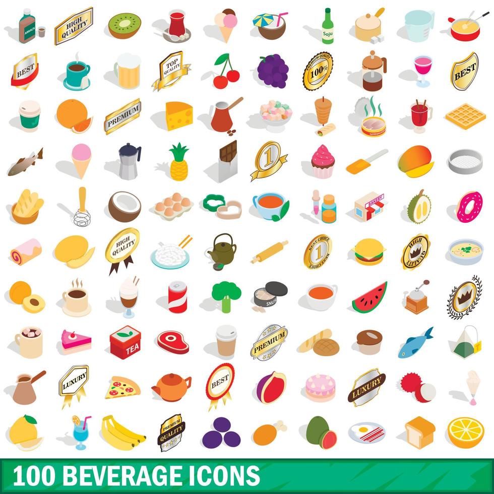 100 beverage icons set, isometric 3d style vector