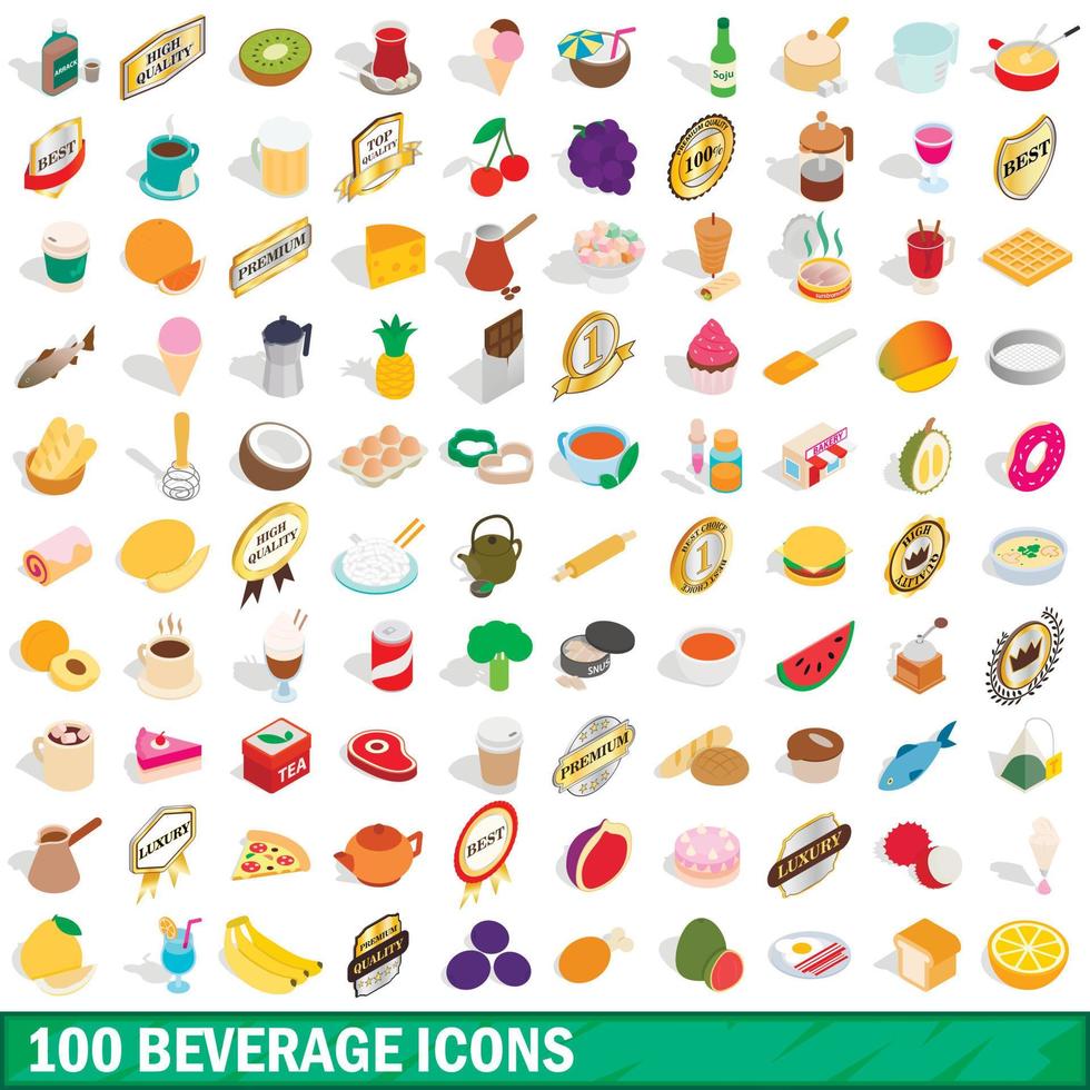 100 iconos de bebidas, estilo isométrico 3d vector