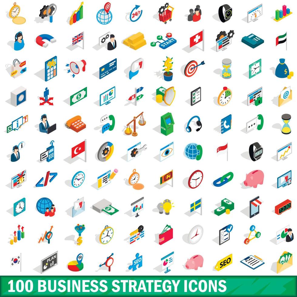100 business strategy icons set, isometric style vector