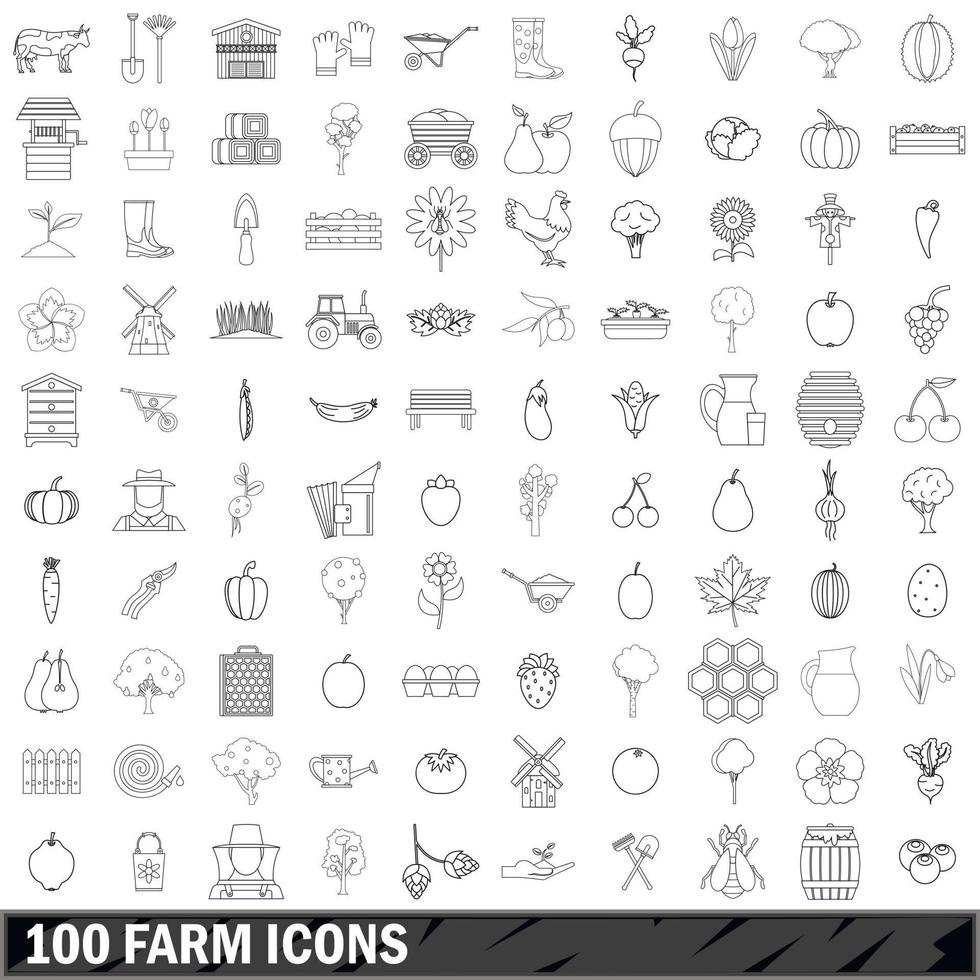 100 iconos de granja, estilo de esquema vector