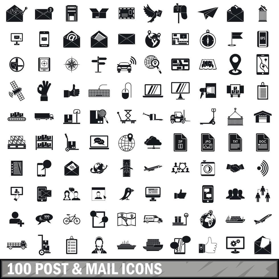 100 post and mail icons set in simple style vector