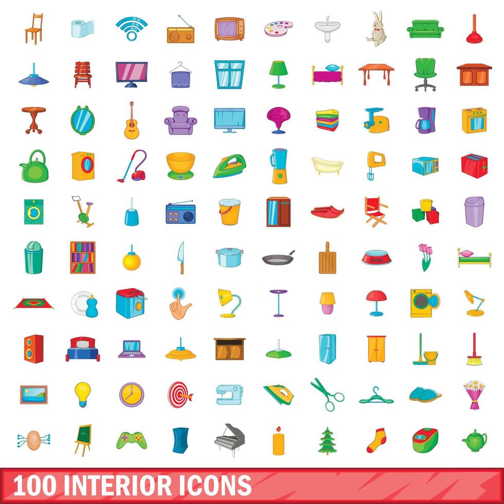 100 interior icons set, cartoon style vector