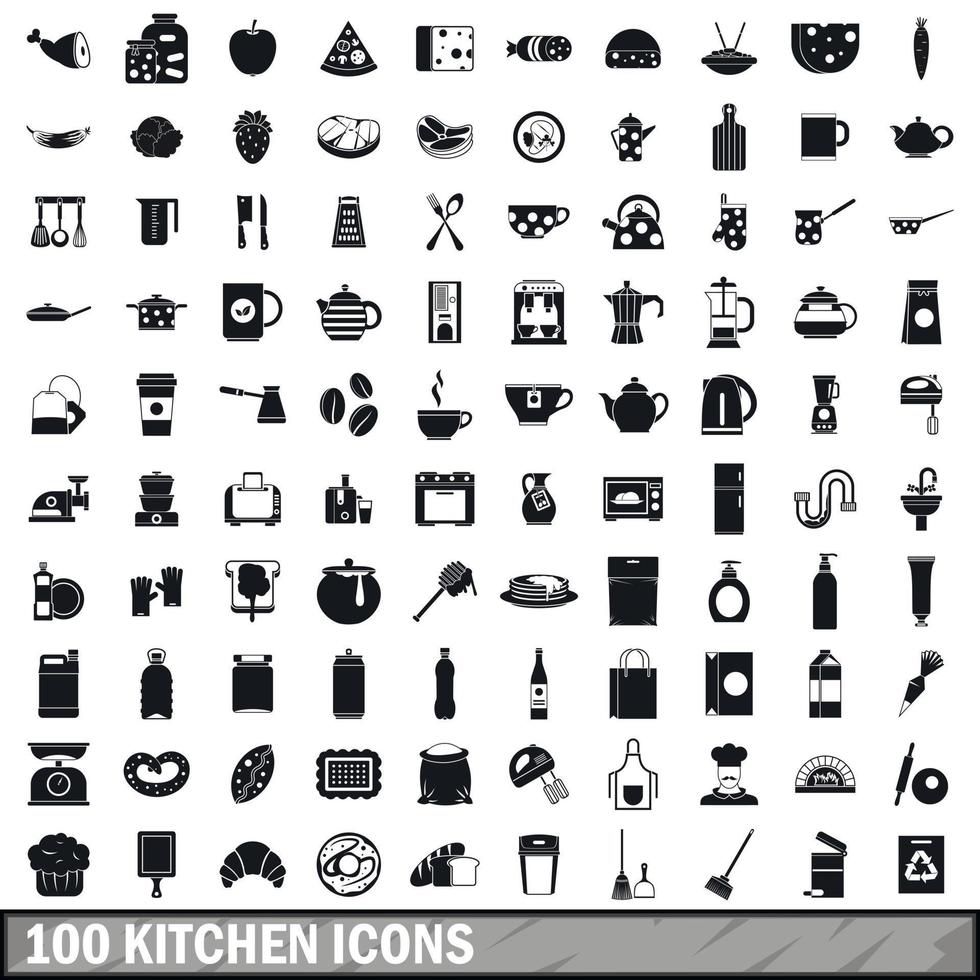 100 kitchen icons set in simple style vector