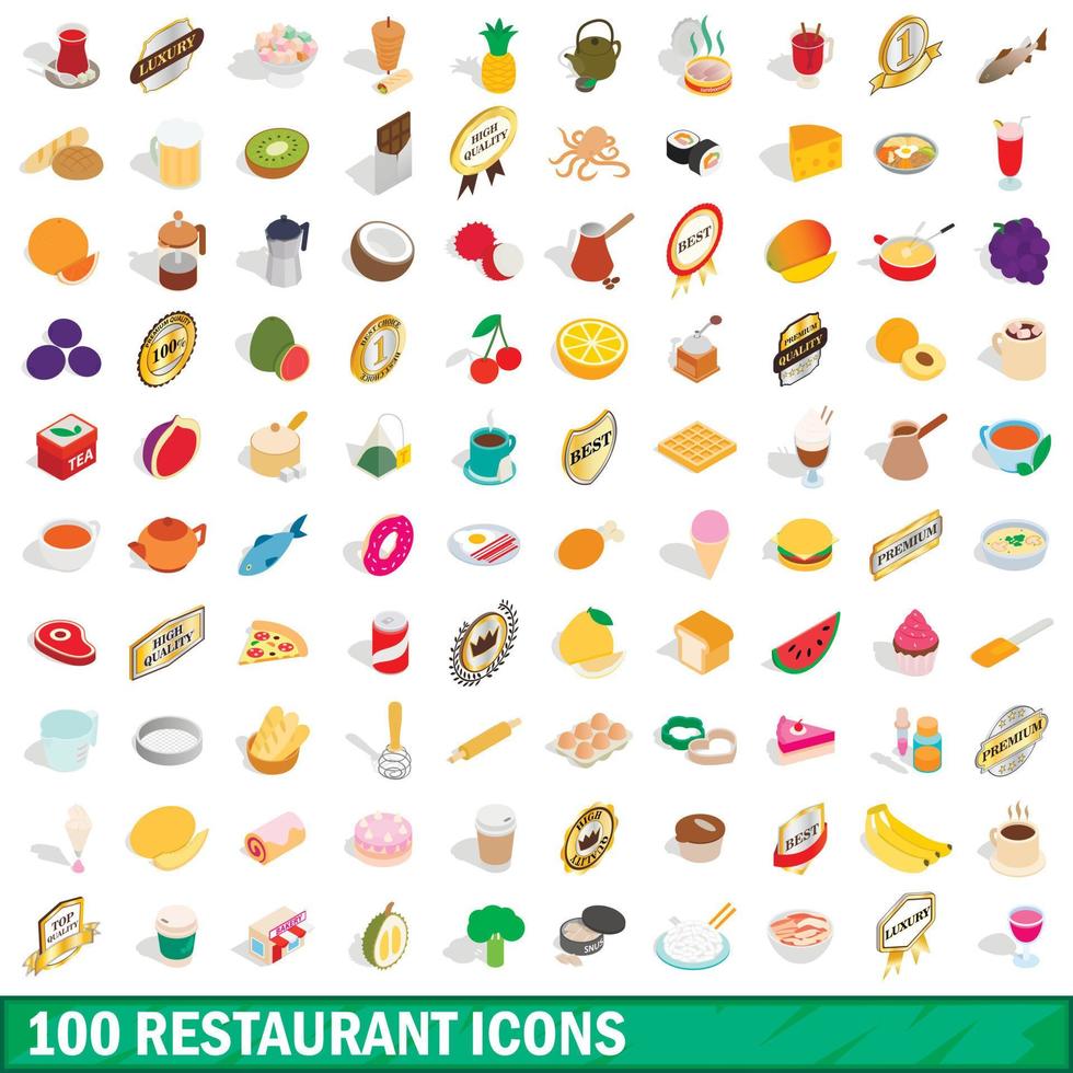 100 restaurant icons set, isometric 3d style vector