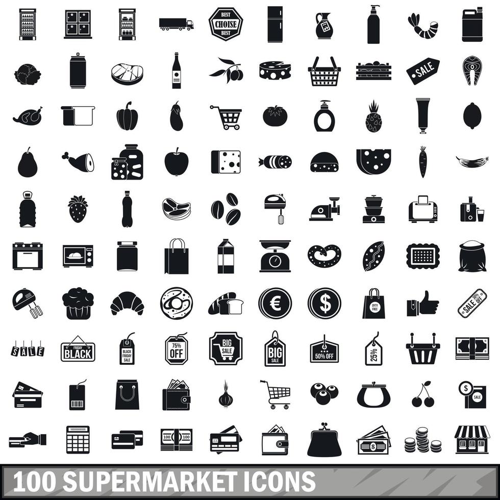 100 supermarket icons set in simple style vector