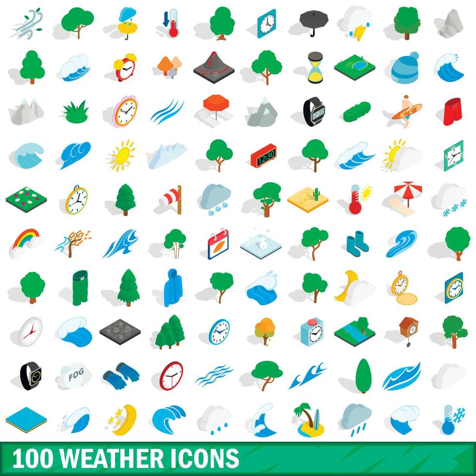 100 weather icons set, isometric 3d style vector
