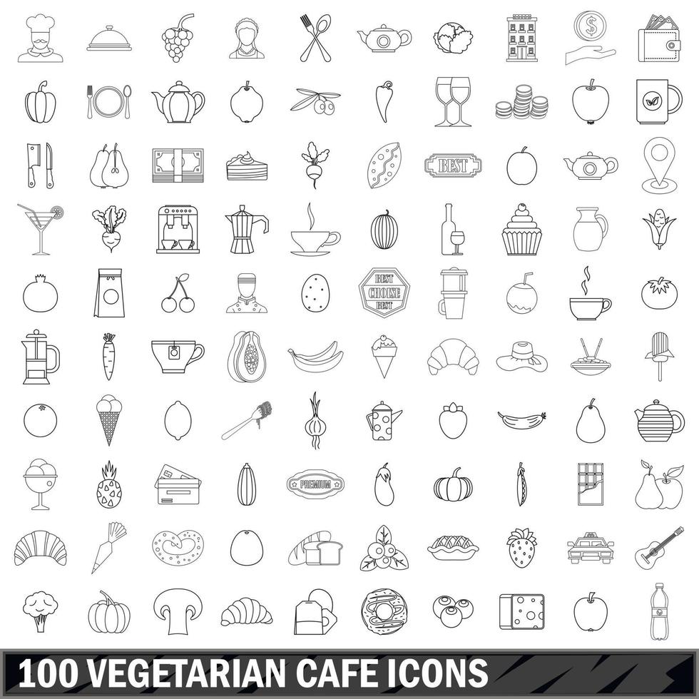 100 iconos de café vegetariano, estilo de esquema vector