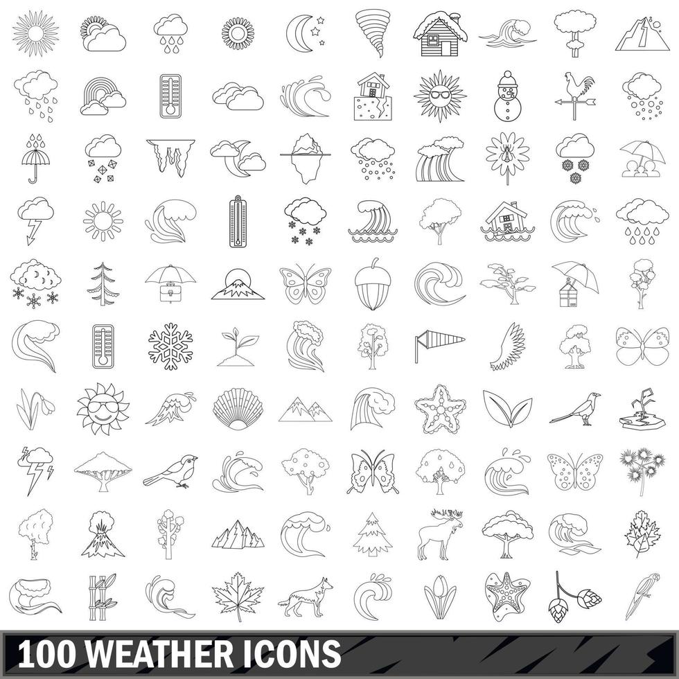 100 iconos meteorológicos establecidos, estilo de contorno vector