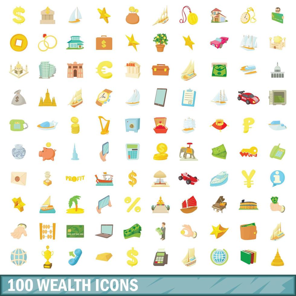 100 wealth icons set, cartoon style vector