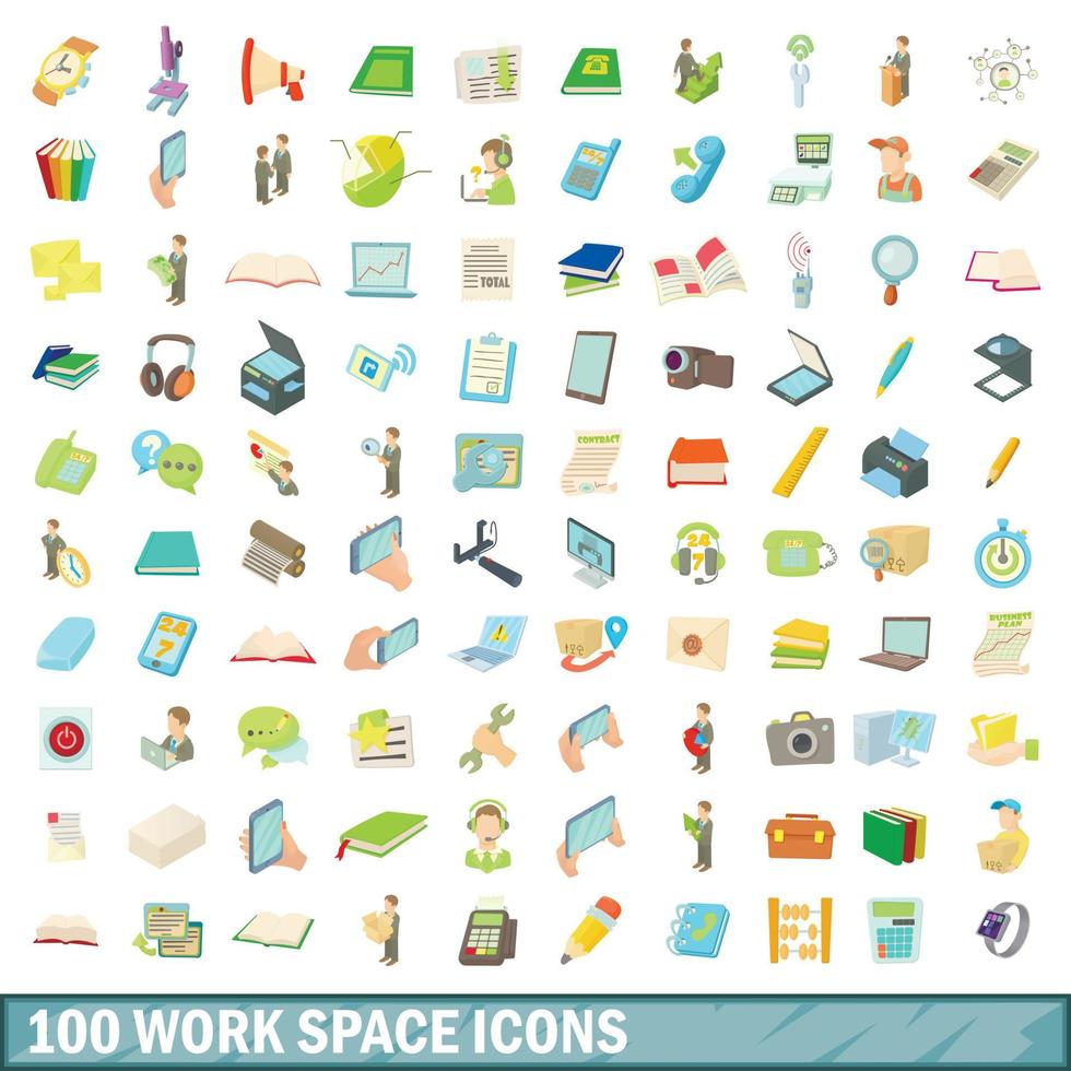 100 work space icons set, cartoon style vector