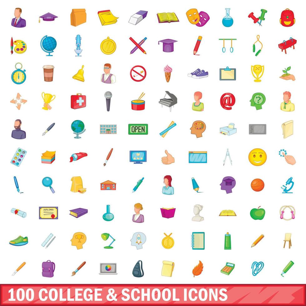 100 college and school icons set, cartoon style vector