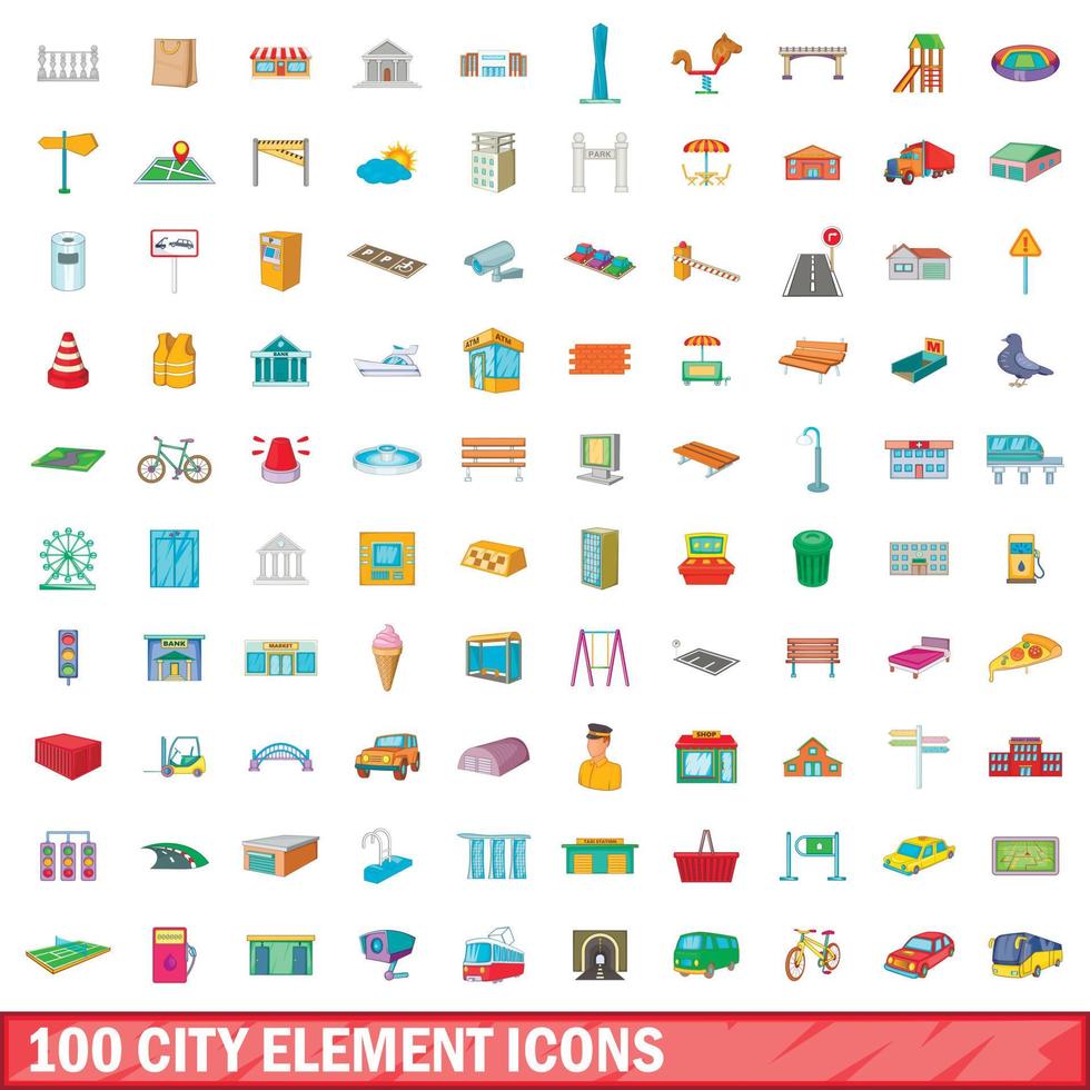 100 city element icons set, cartoon style vector
