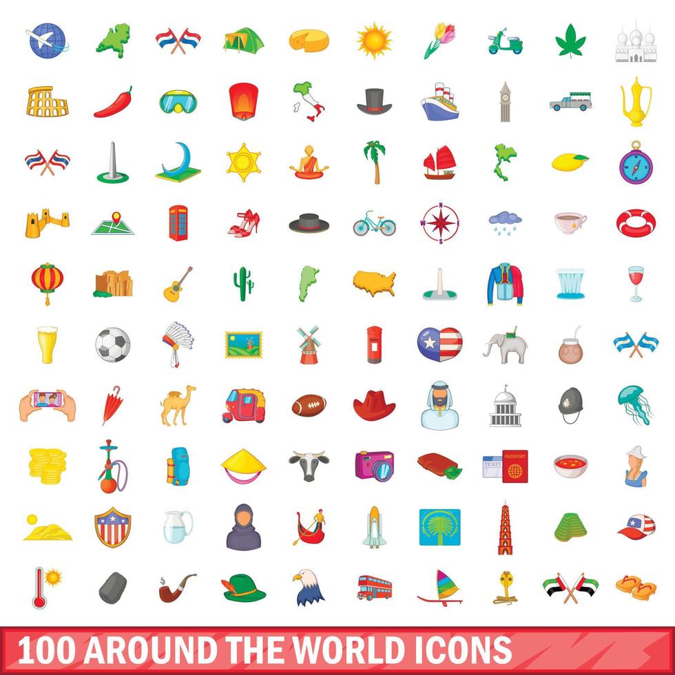 100 around the world icons set, cartoon style vector